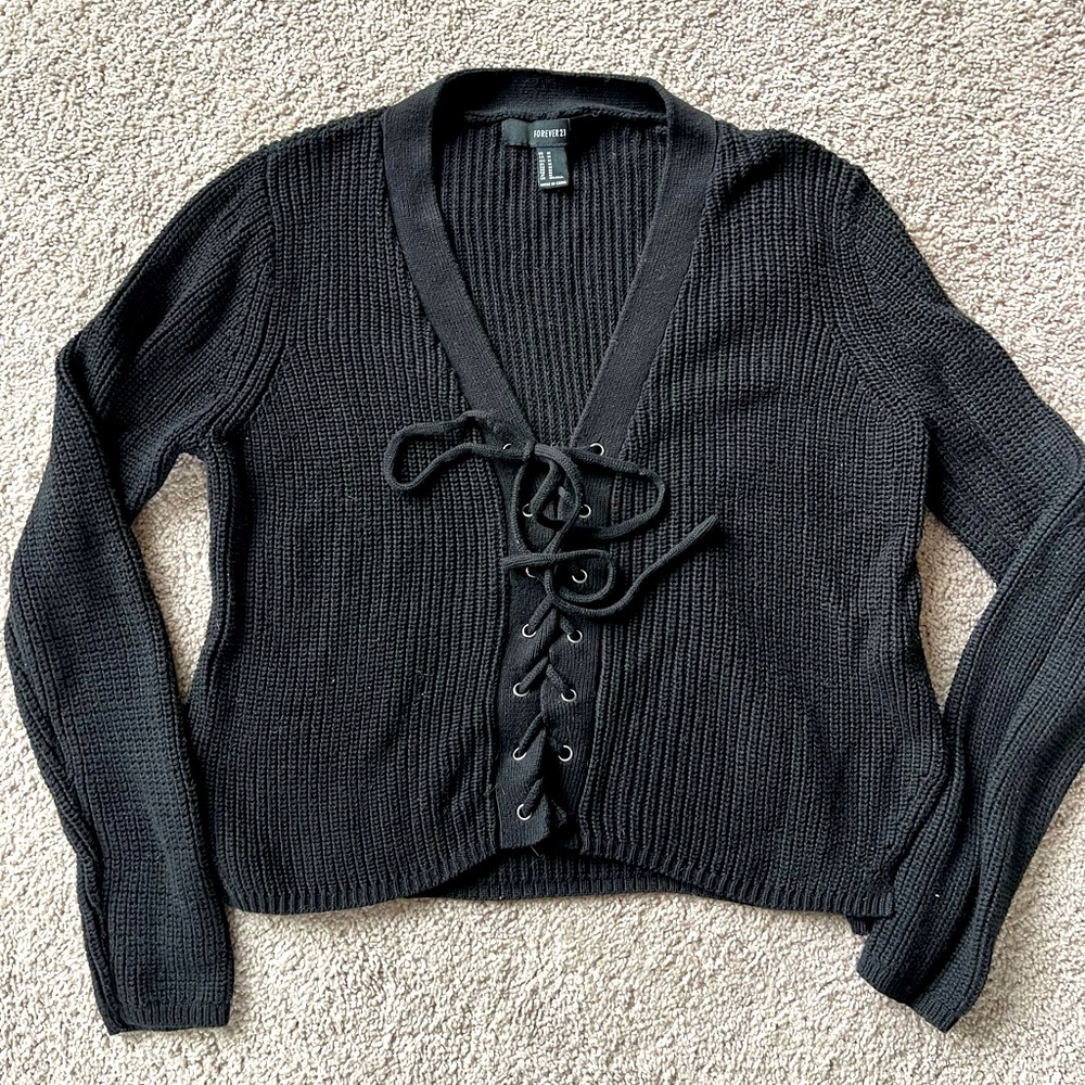 Black Knit Lace-Front Long Sleeve Sweater